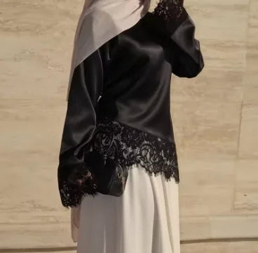 Satin Lace Top Women Casual Loose Long Sleeves