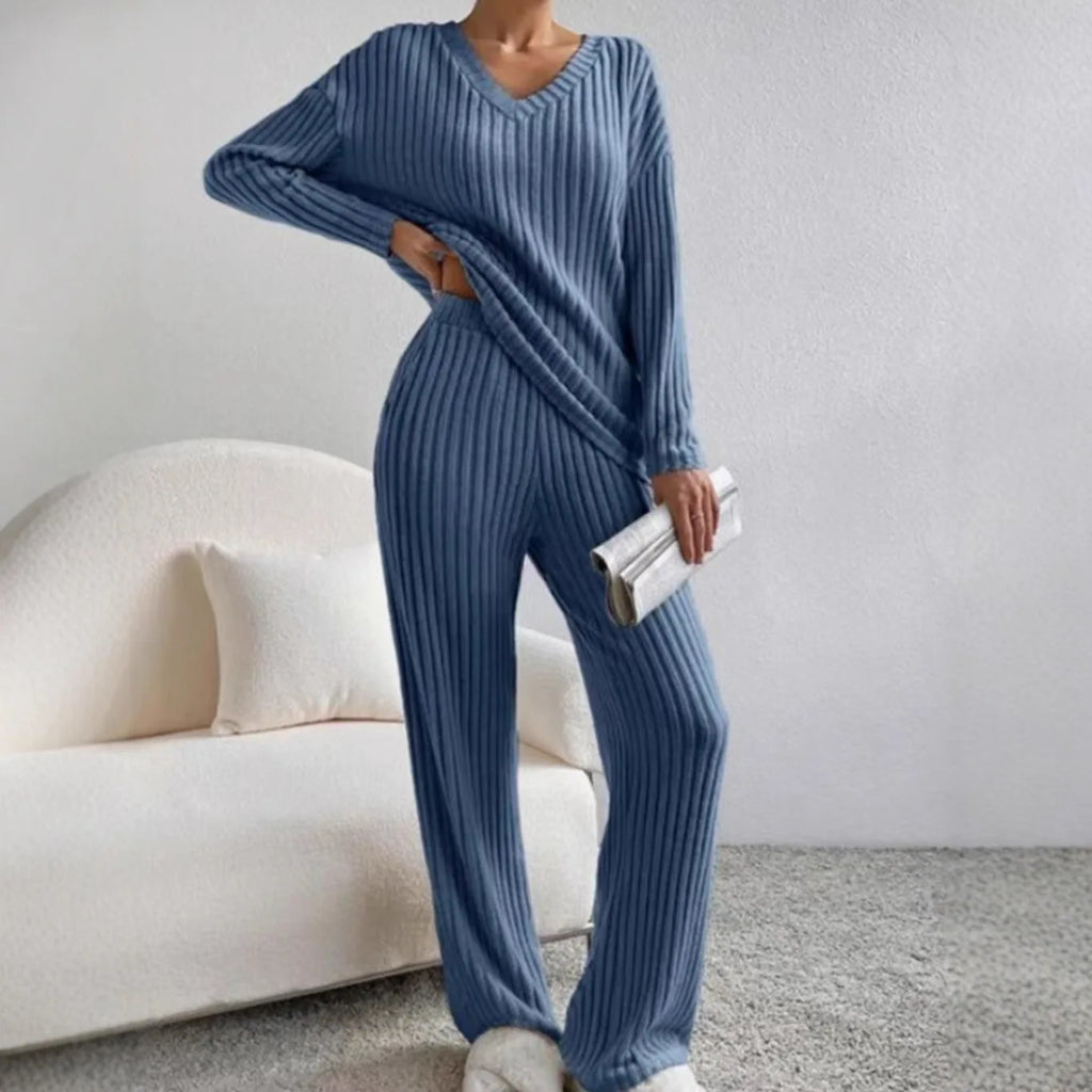 Knitted Two-Piece Set Casual V-Neck Long Pants Loose Fit