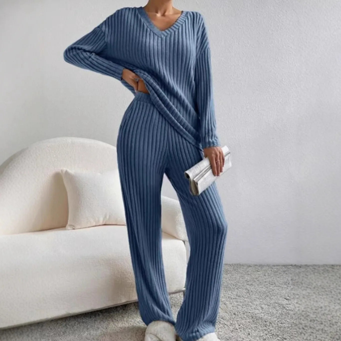 Knitted Two-Piece Set Casual V-Neck Long Pants Loose Fit
