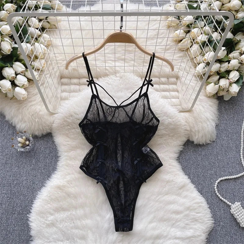 Sexy Lace Strap Jumpsuit Slim Fit Transparent Erotic Lingerie Catsuit