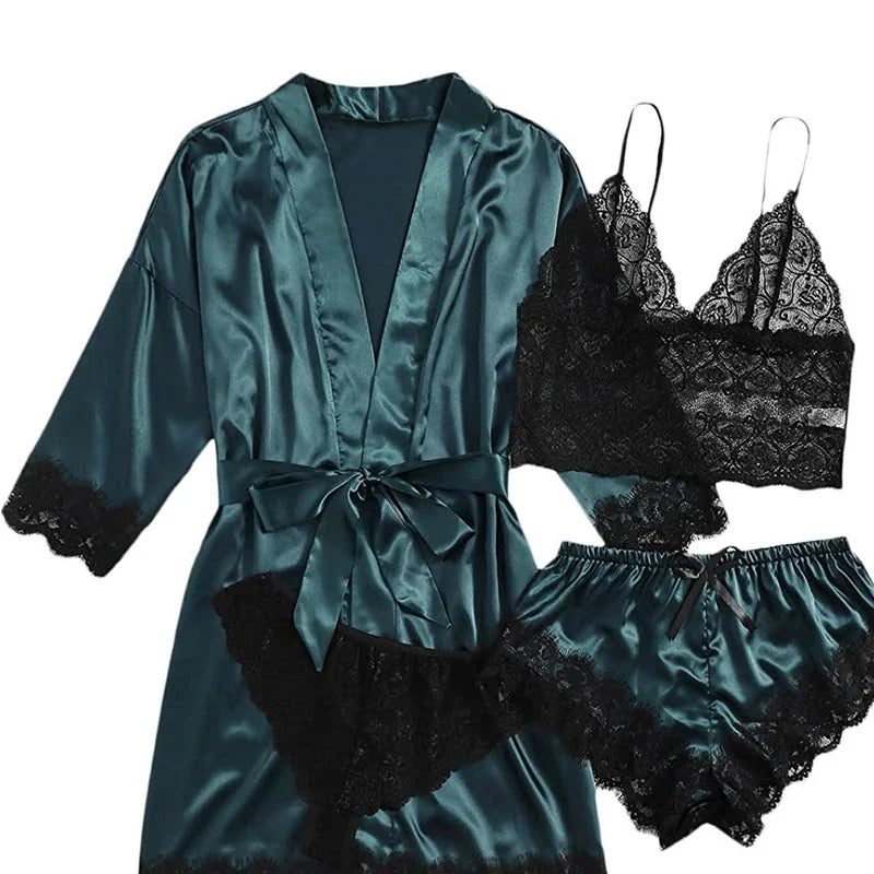Women's Sexy Pajamas Lingerie Shorts 4-piece Lace Camisole Pajama Set