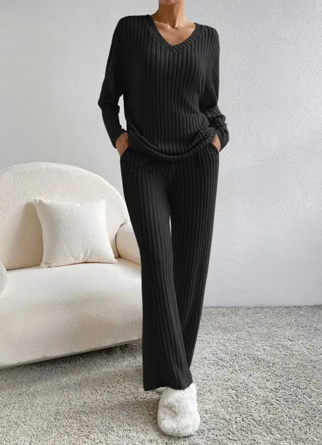 Knitted Two-Piece Set Casual V-Neck Long Pants Loose Fit