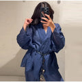 Tie Front Textured Women Set V-Neck Loose Set Wide Sleeve Drawstring Pants