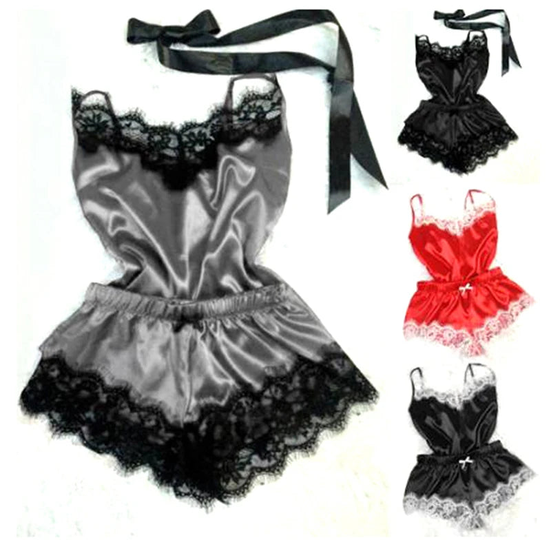Lace Trim Satin Cami Top Pajama Sets Sexy