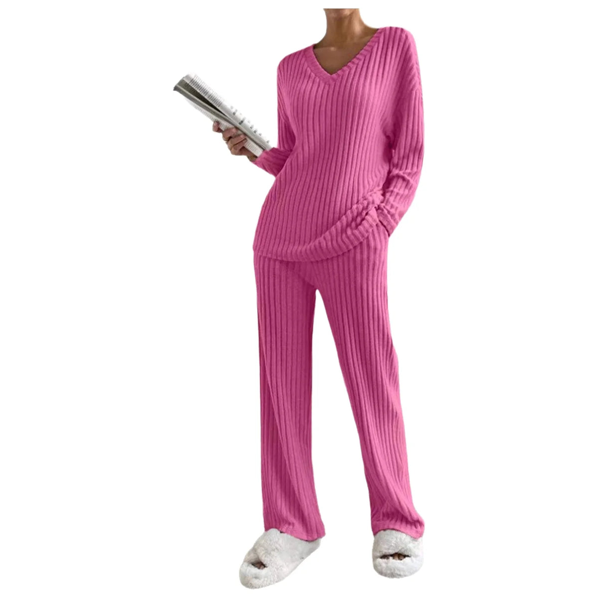 Knitted Two-Piece Set Casual V-Neck Long Pants Loose Fit