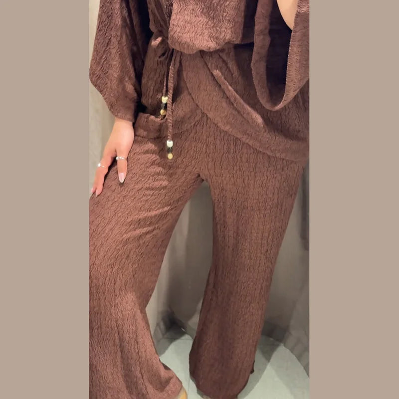 Tie Front Textured Women Set V-Neck Loose Set Wide Sleeve Drawstring Pants
