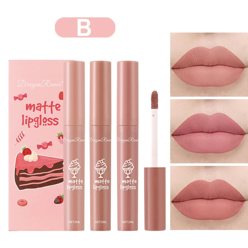 3PCS/Set Velvet Matte Nude Liquid Lipstick Long Lasting Waterproof Lipgloss Kit