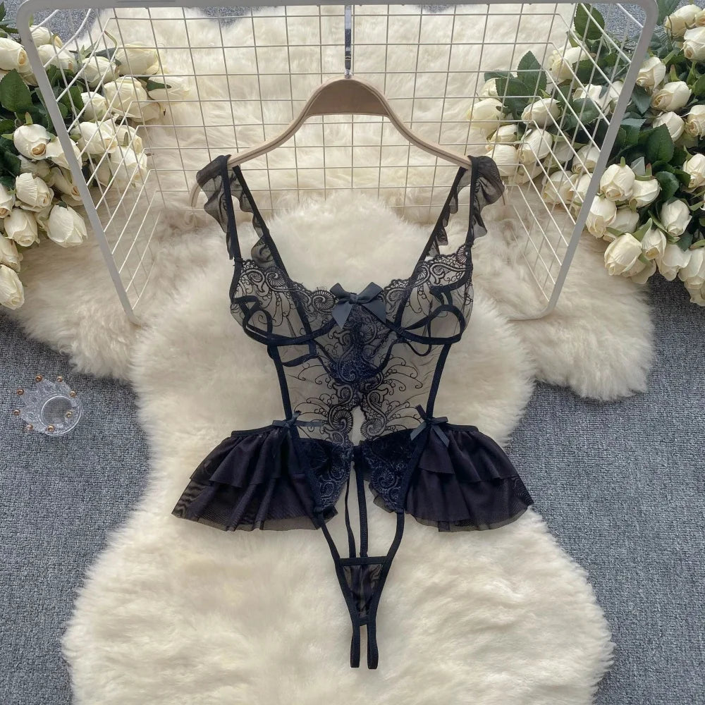 Sexy Lace Strap Jumpsuit Slim Fit Transparent Erotic Lingerie Catsuit