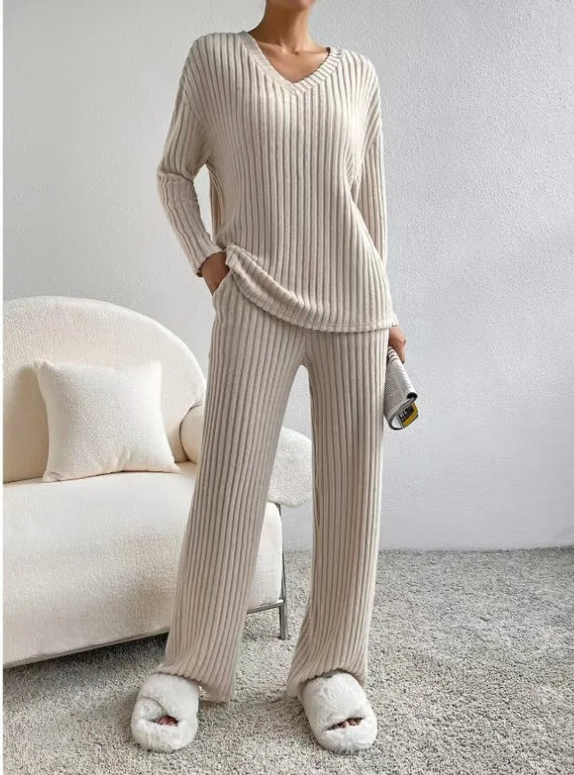 Knitted Two-Piece Set Casual V-Neck Long Pants Loose Fit