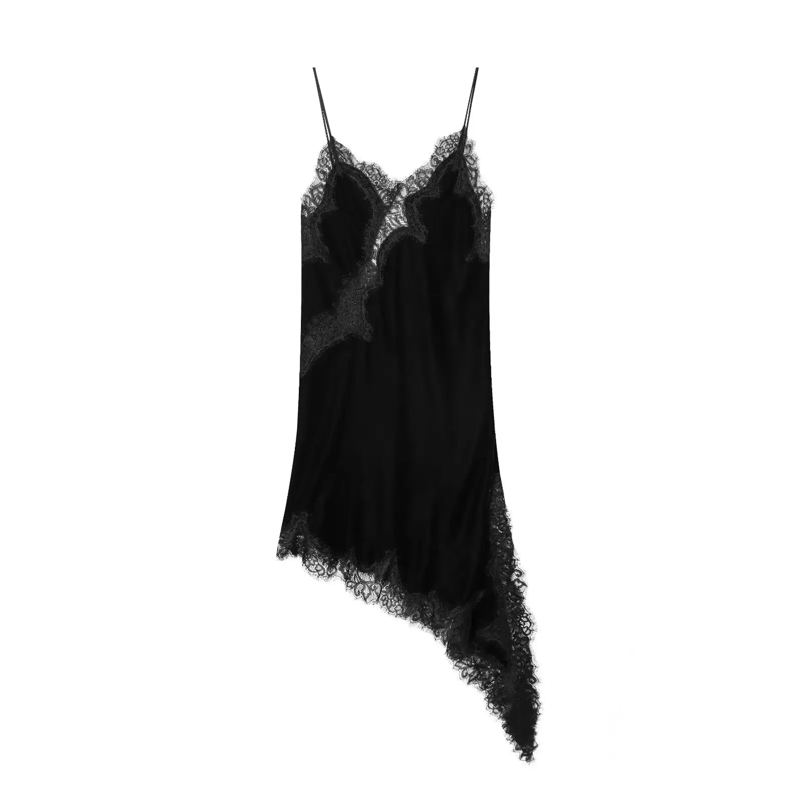 Satin Sexy Lace Spliced Short Sling Dress Asymmetrical  ﻿