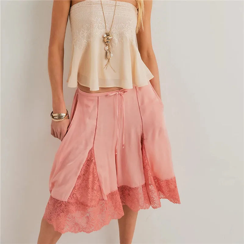 Women Lace Trim Shorts  Satin Low Rise Half Slip Pajamas Cute Bow Pants