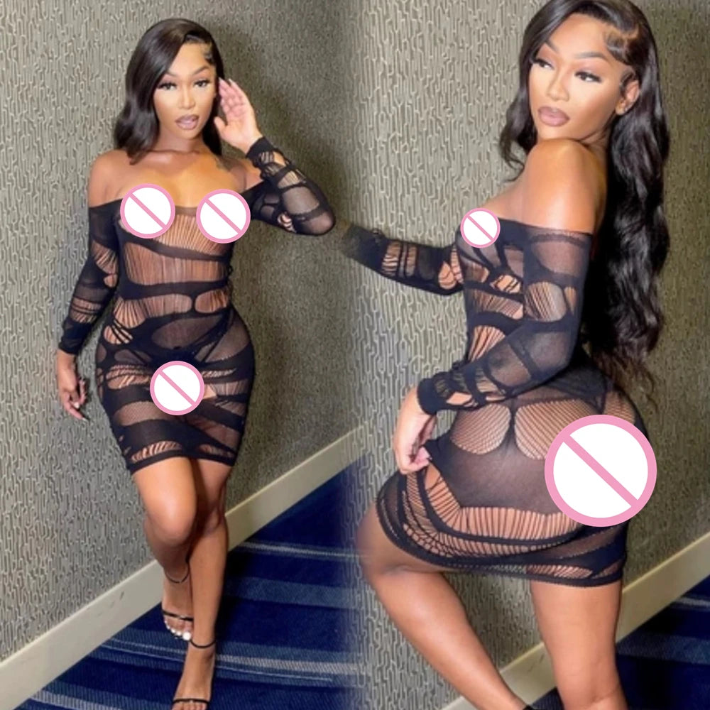 Sexy Off Shoulder Women Dresses Night Club Lace Fishnet Dress