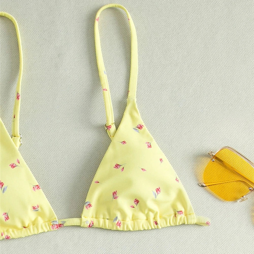 Yellow Floral Print Swimwear Mesh Cove Ups 3 Piece Bikini Set