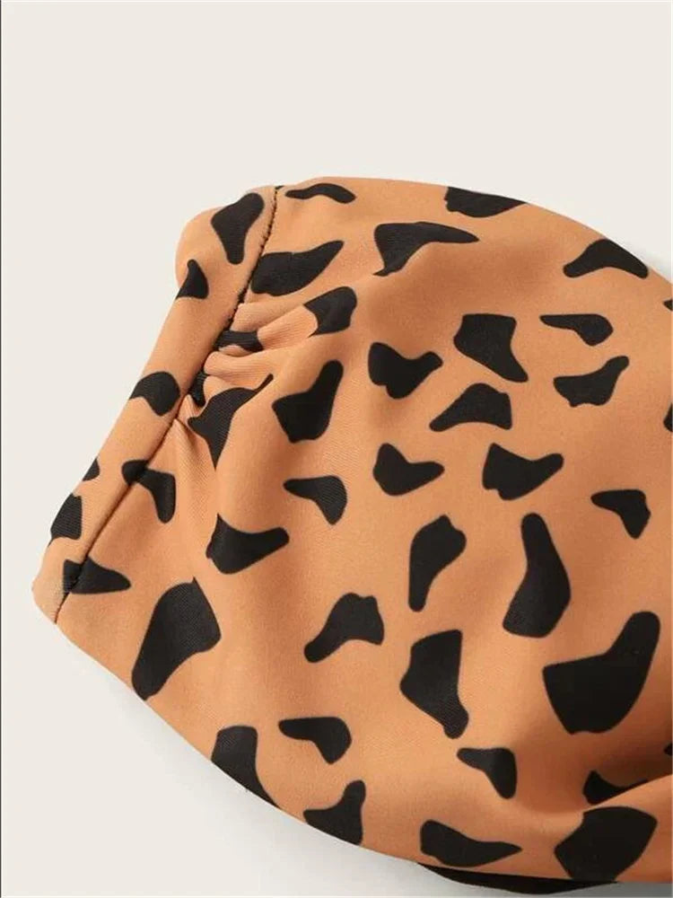 Sexy Front Lace Up Tie Bandeau Leopard Push Up Ruffled Bow Bathing Suit