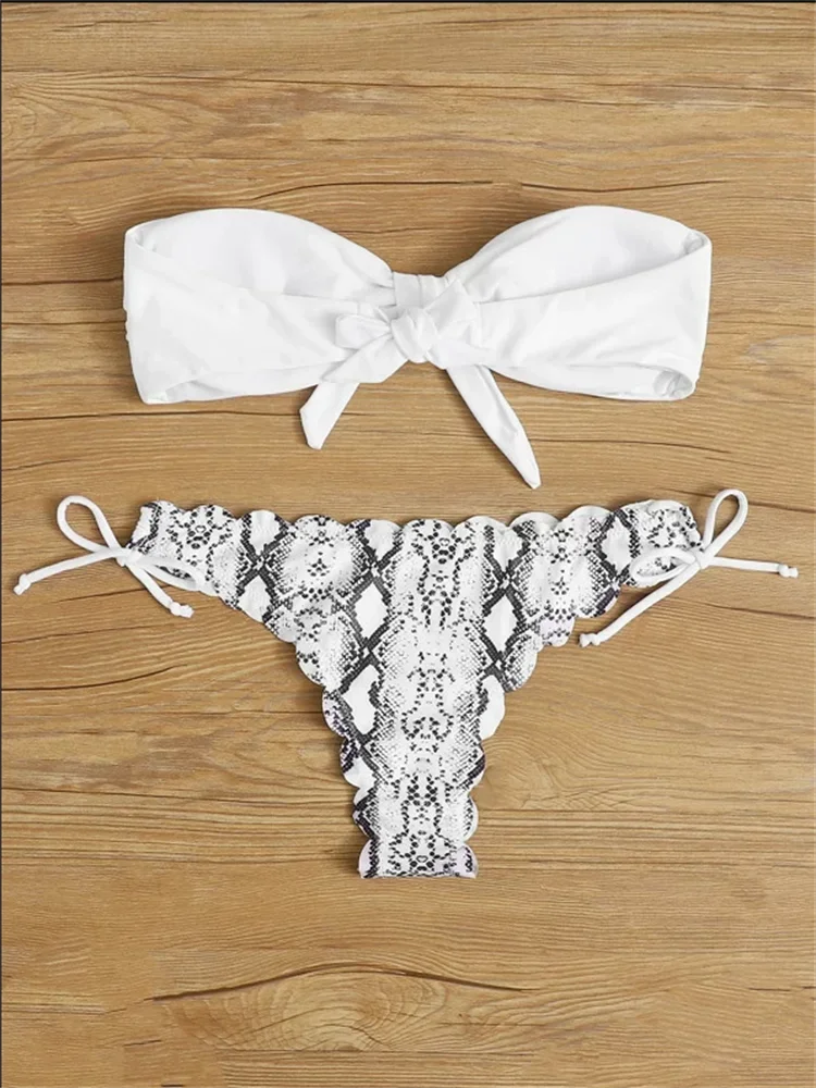 Sexy Front Lace Up Tie Bandeau Leopard Push Up Ruffled Bow Bathing Suit