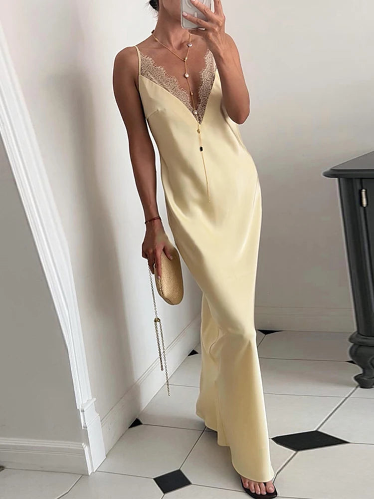 Elegant Lace Satin Spliced Women's Dress