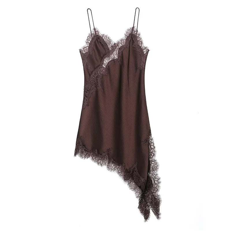 Satin Sexy Lace Spliced Short Sling Dress Asymmetrical  ﻿