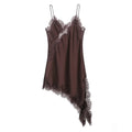 Satin Sexy Lace Spliced Short Sling Dress Asymmetrical  ﻿