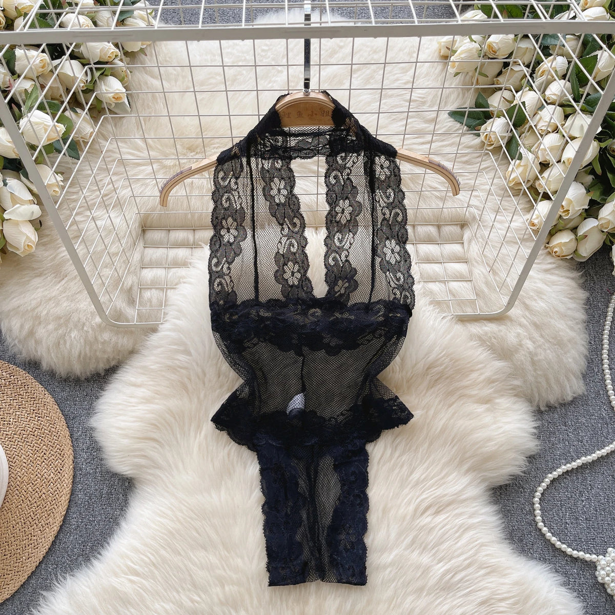 Sexy Lace Strap Jumpsuit Slim Fit Transparent Erotic Lingerie Catsuit