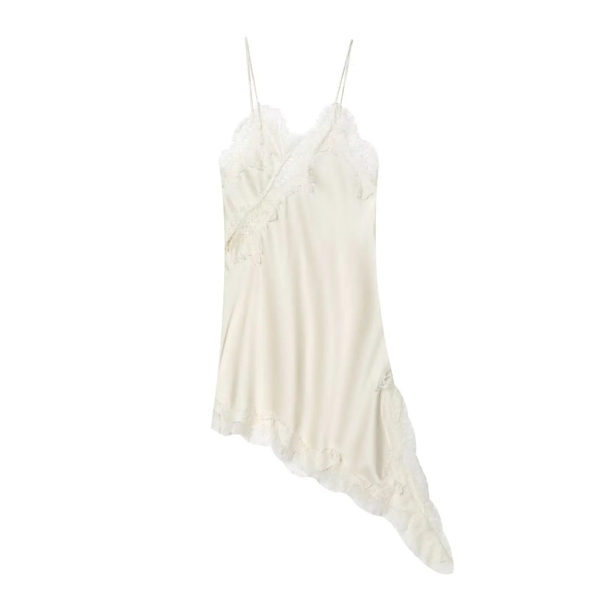 Satin Sexy Lace Spliced Short Sling Dress Asymmetrical  ﻿