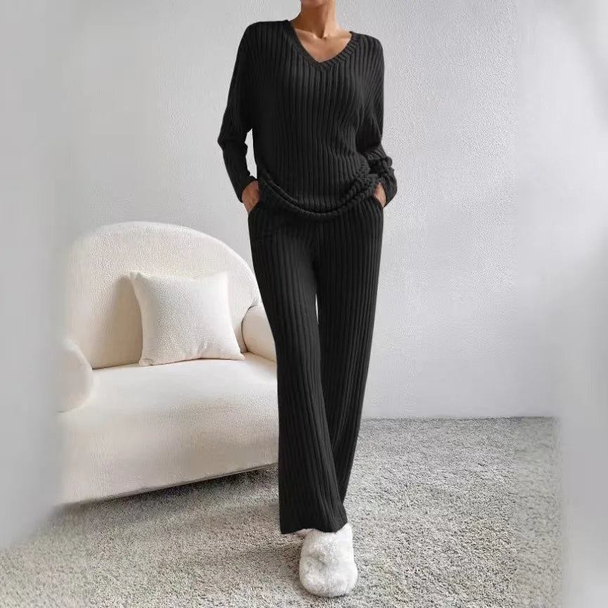 Knitted Two-Piece Set Casual V-Neck Long Pants Loose Fit