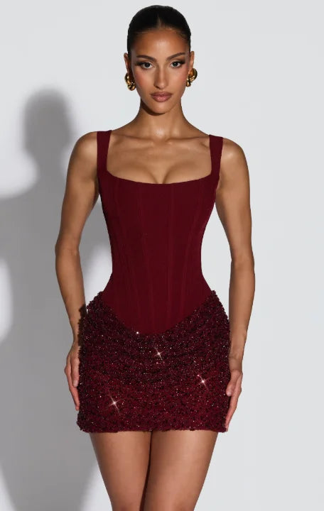 Sexy Sequin Sling Mini Dress Chic Off-shoulder Backless Waist Cinching