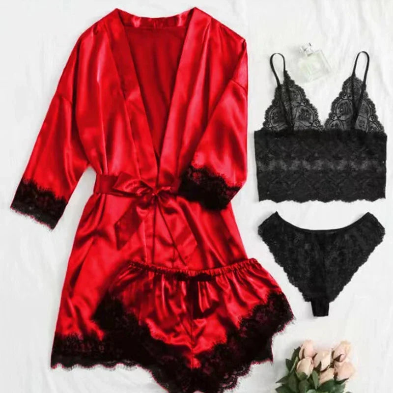 Women's Sexy Pajamas Lingerie Shorts 4-piece Lace Camisole Pajama Set