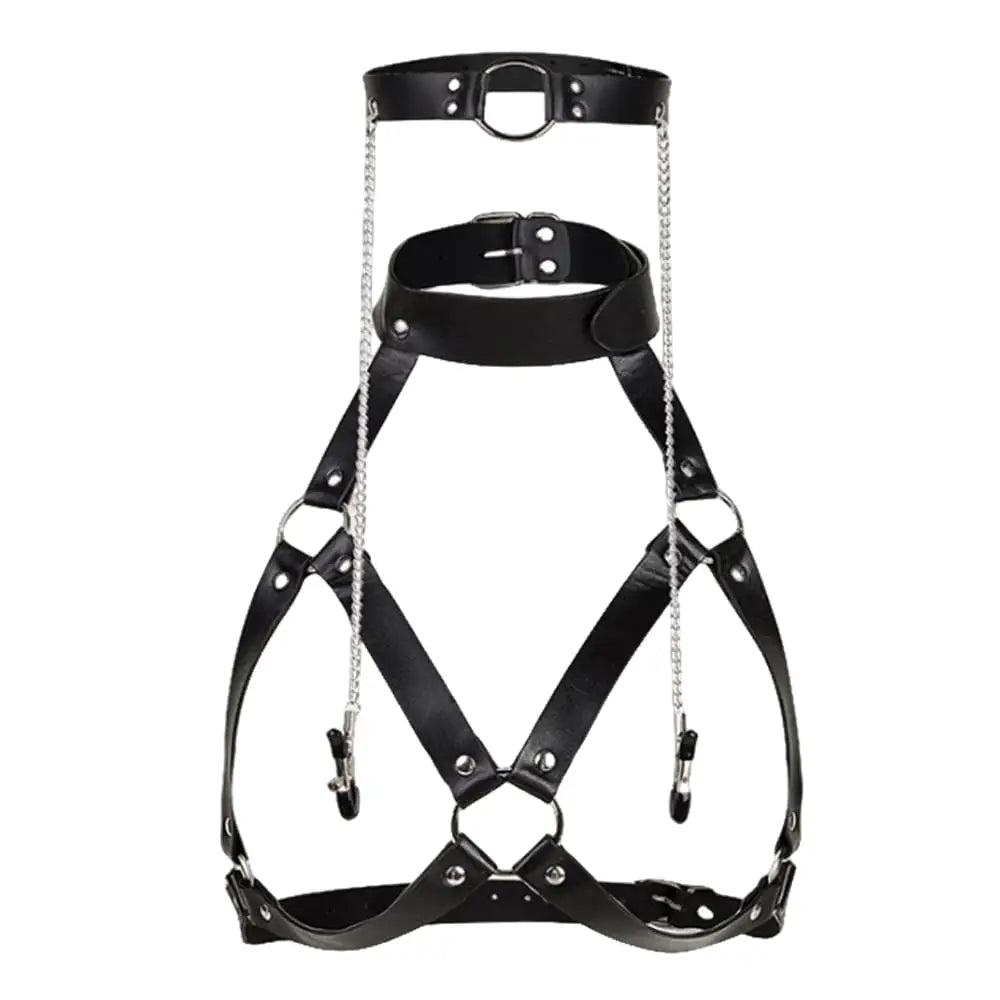 PU Leather Bondage Choker Collar with Nipple Clamp Neck Restraint