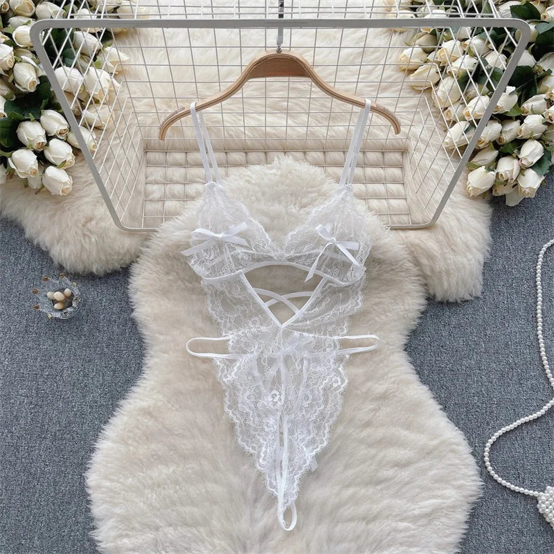 Sexy Lace Strap Jumpsuit Slim Fit Transparent Erotic Lingerie Catsuit