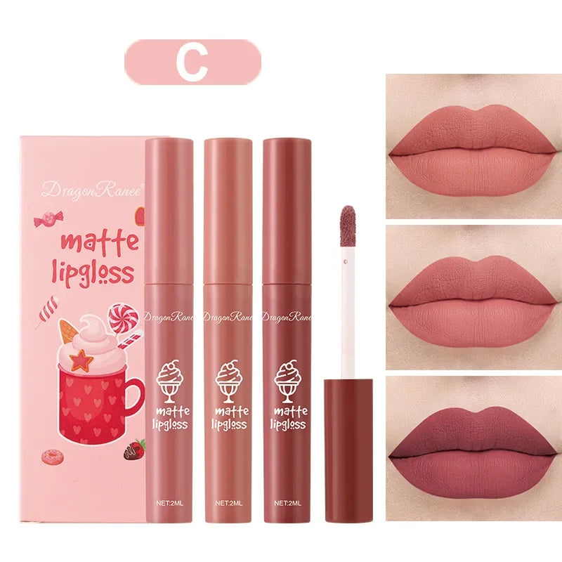 3PCS/Set Velvet Matte Nude Liquid Lipstick Long Lasting Waterproof Lipgloss Kit