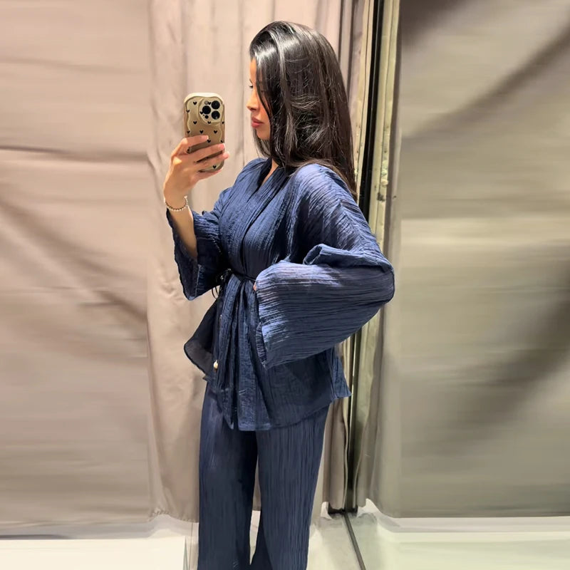 Tie Front Textured Women Set V-Neck Loose Set Wide Sleeve Drawstring Pants