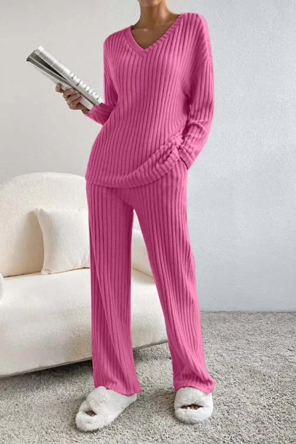 Knitted Two-Piece Set Casual V-Neck Long Pants Loose Fit