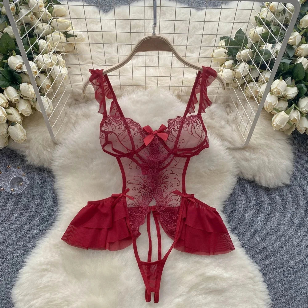Sexy Lace Strap Jumpsuit Slim Fit Transparent Erotic Lingerie Catsuit