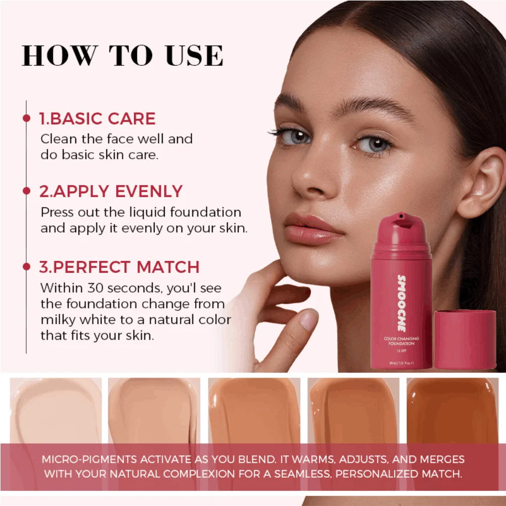 Smooche Color Changing Foundation Self-Adjusting Shade Long-Lasting Makeup