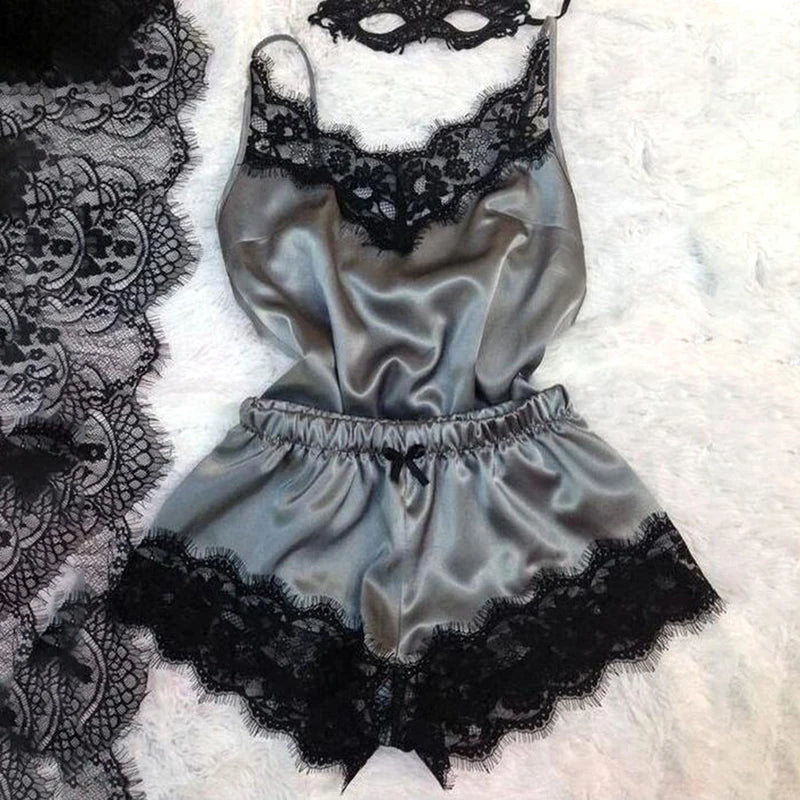 Lace Trim Satin Cami Top Pajama Sets Sexy