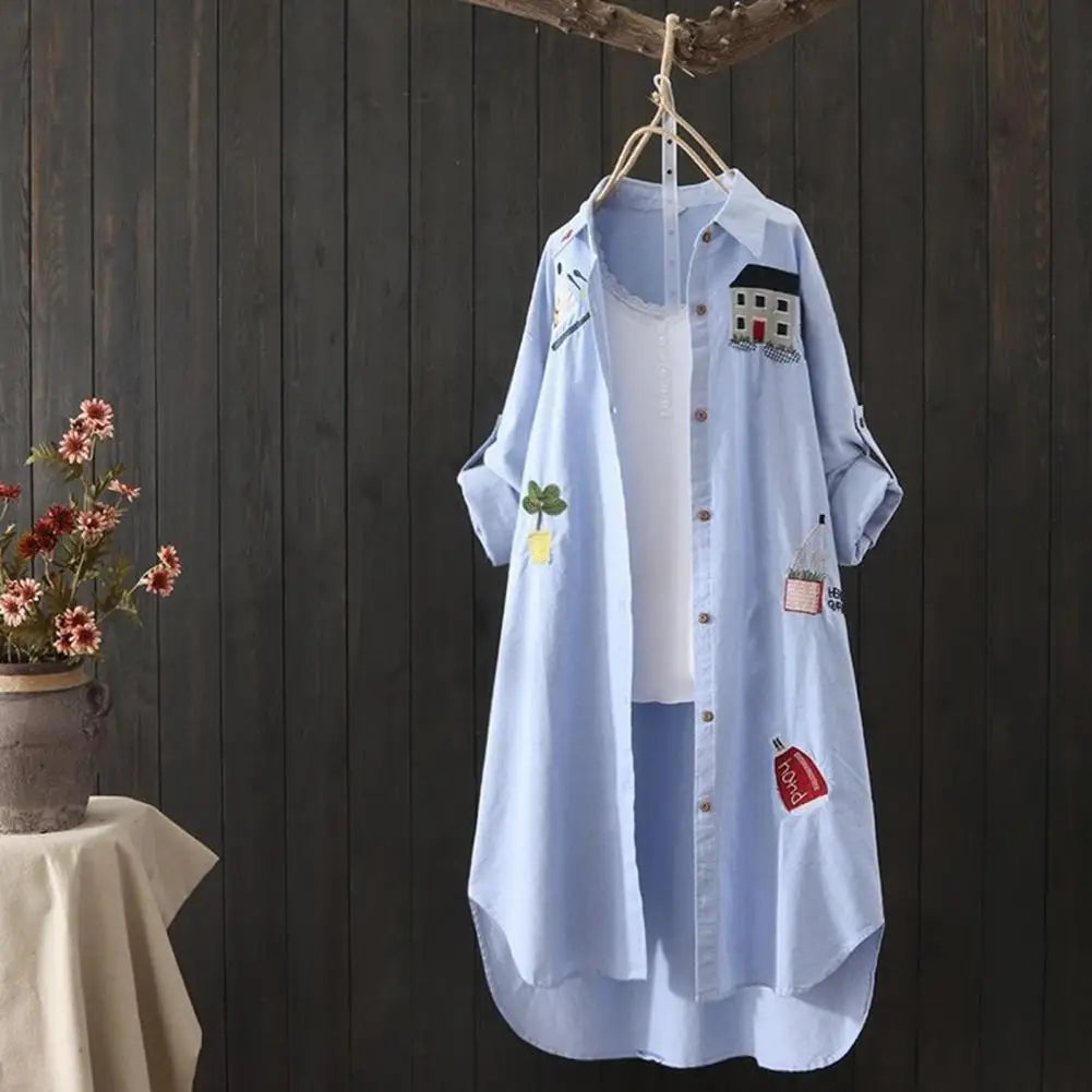 Spring Women Shirt Cartoon Embroidery