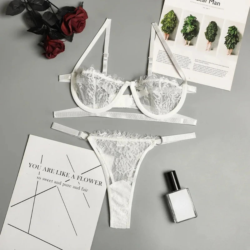 Lace Transparent Underwear Fairy Embroidery Brief Sets Delicate Bra Set