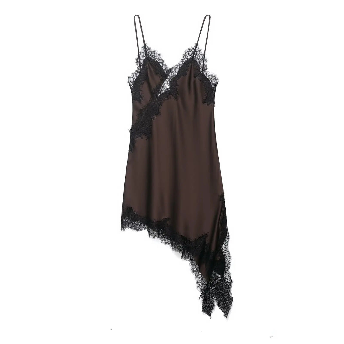 Satin Sexy Lace Spliced Short Sling Dress Asymmetrical  ﻿