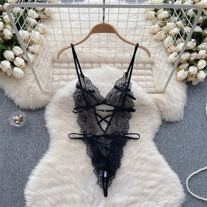 Sexy Lace Strap Jumpsuit Slim Fit Transparent Erotic Lingerie Catsuit