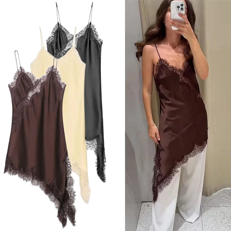 Satin Sexy Lace Spliced Short Sling Dress Asymmetrical  ﻿