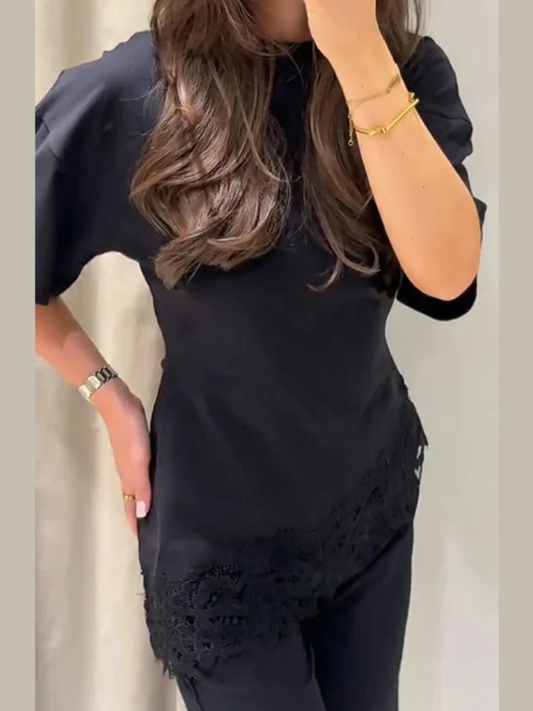 Satin Lace Top Women Casual Loose Long Sleeves