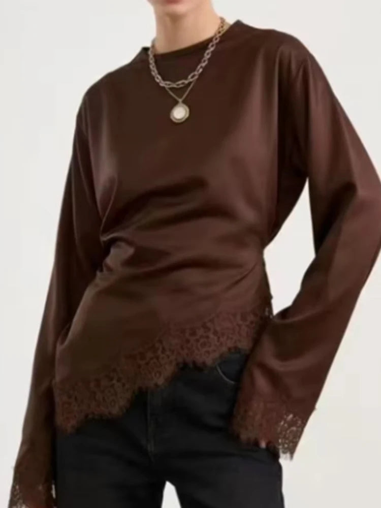 Satin Lace Top Women Casual Loose Long Sleeves