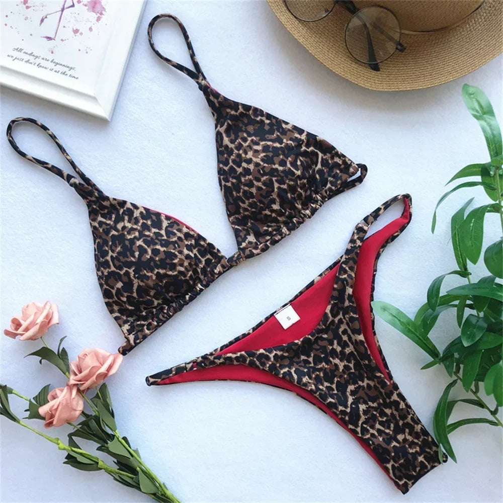 Sexy String Bikini Leopard Print Triangle Thong Brazilian Beach Bathing Suit