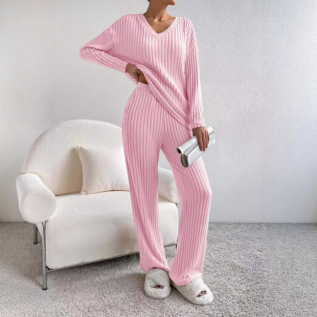 Knitted Two-Piece Set Casual V-Neck Long Pants Loose Fit