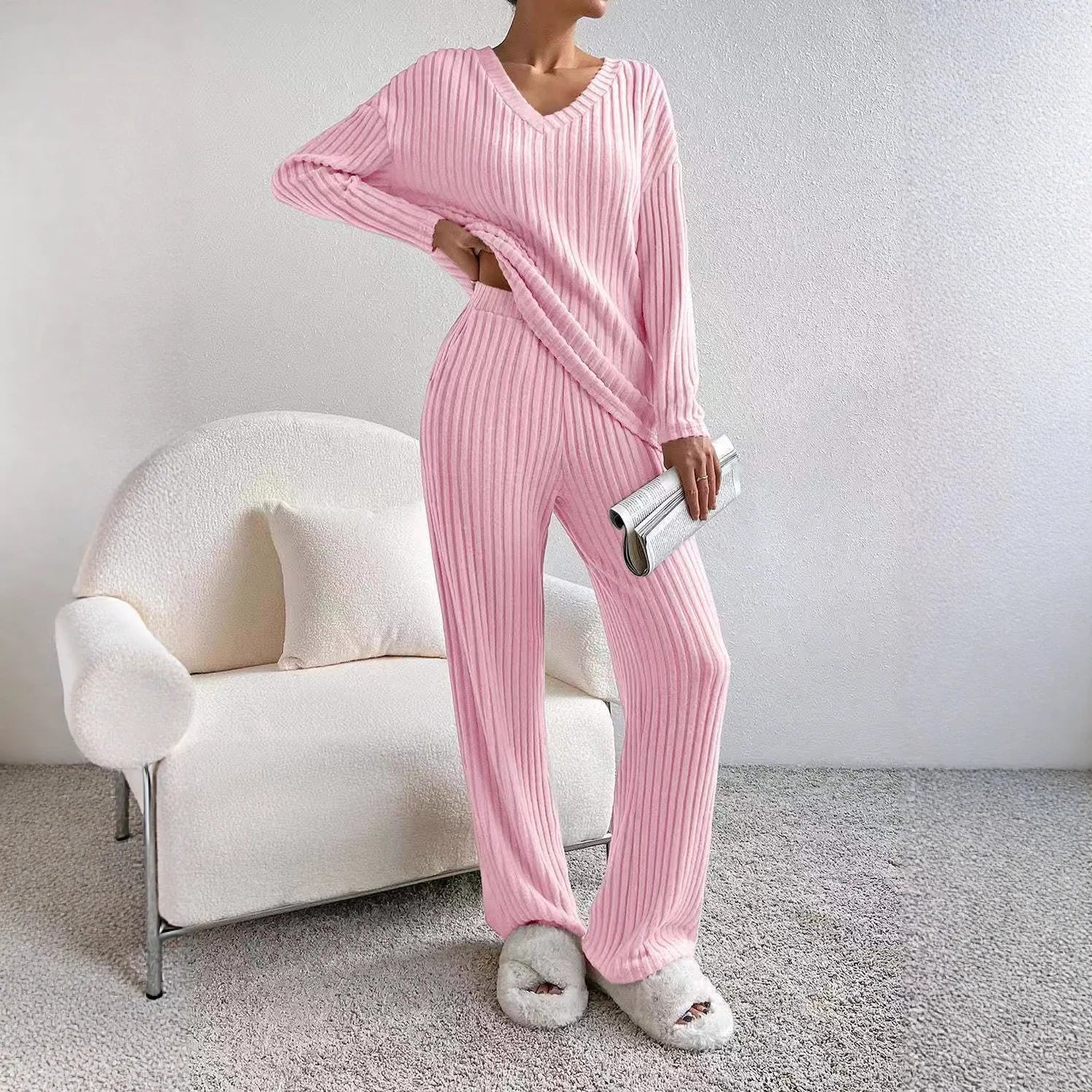 Knitted Two-Piece Set Casual V-Neck Long Pants Loose Fit