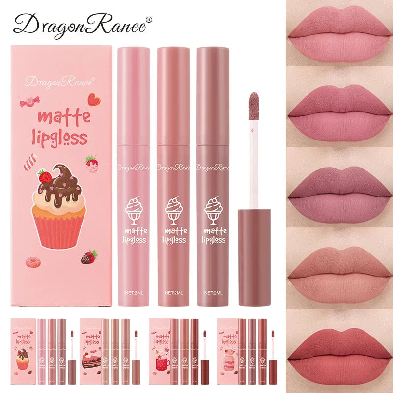 3PCS/Set Velvet Matte Nude Liquid Lipstick Long Lasting Waterproof Lipgloss Kit
