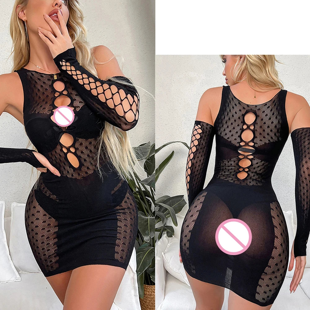 Sexy Off Shoulder Women Dresses Night Club Lace Fishnet Dress