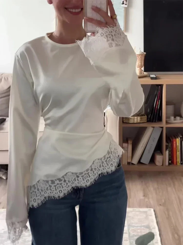 Satin Lace Top Women Casual Loose Long Sleeves