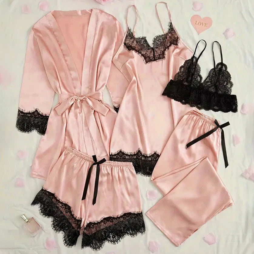 Satin Sleepwear Pajama Set Pink Sexy