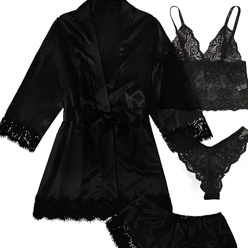 Women's Sexy Pajamas Lingerie Shorts 4-piece Lace Camisole Pajama Set